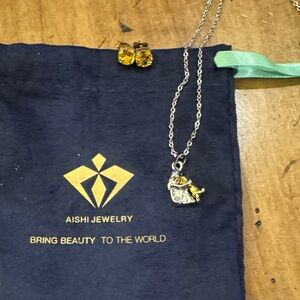 Silver Girl with Dog Necklace and Yellow Earrings Set